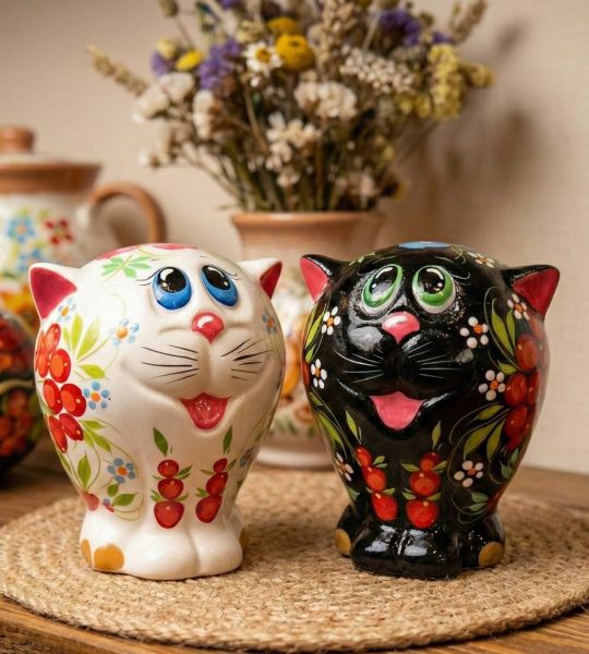 Пара котики з кераміки з петриківським розписом, 2 шт