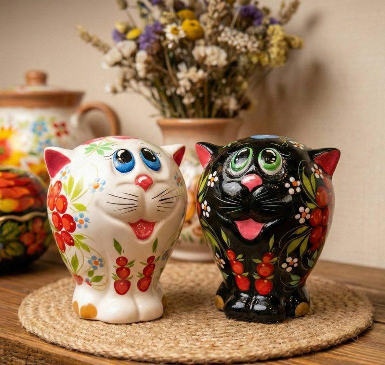 Сувенирные коты керамика с петриковской росписью, 2 шт — фото 1