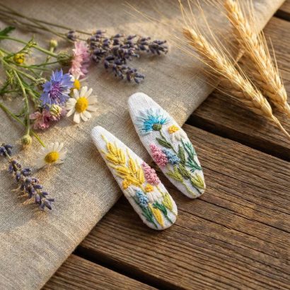 Дитячі заколки пара квіти ромашки, колоски ручна вишивка