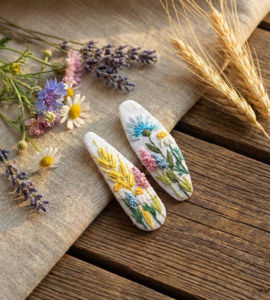 Дитячі заколки пара квіти ромашки, колоски ручна вишивка