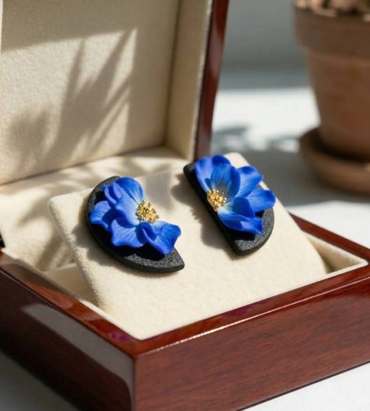 Святкові жіночі сережки синя квітка половинки з полімерної глини