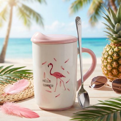 Чашка кераміка з кришкою та ложкою рожевий фламінго