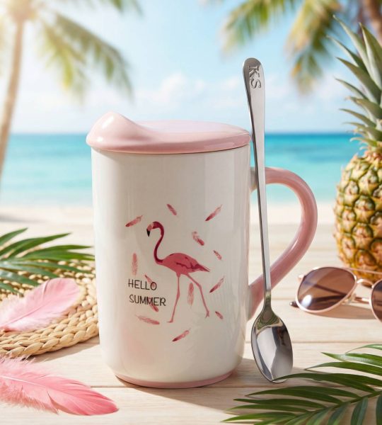 Чашка кераміка з кришкою та ложкою рожевий фламінго