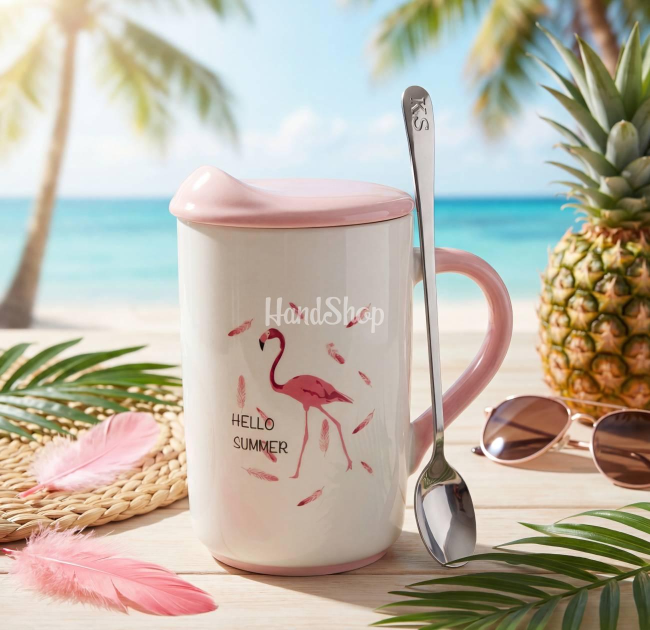Чашка кераміка з кришкою та ложкою рожевий фламінго Чашка кераміка з кришкою та ложкою рожевий фламінго