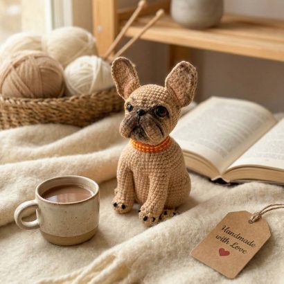 Авторська іграшка в’язаний пес французький бульдог бежевий