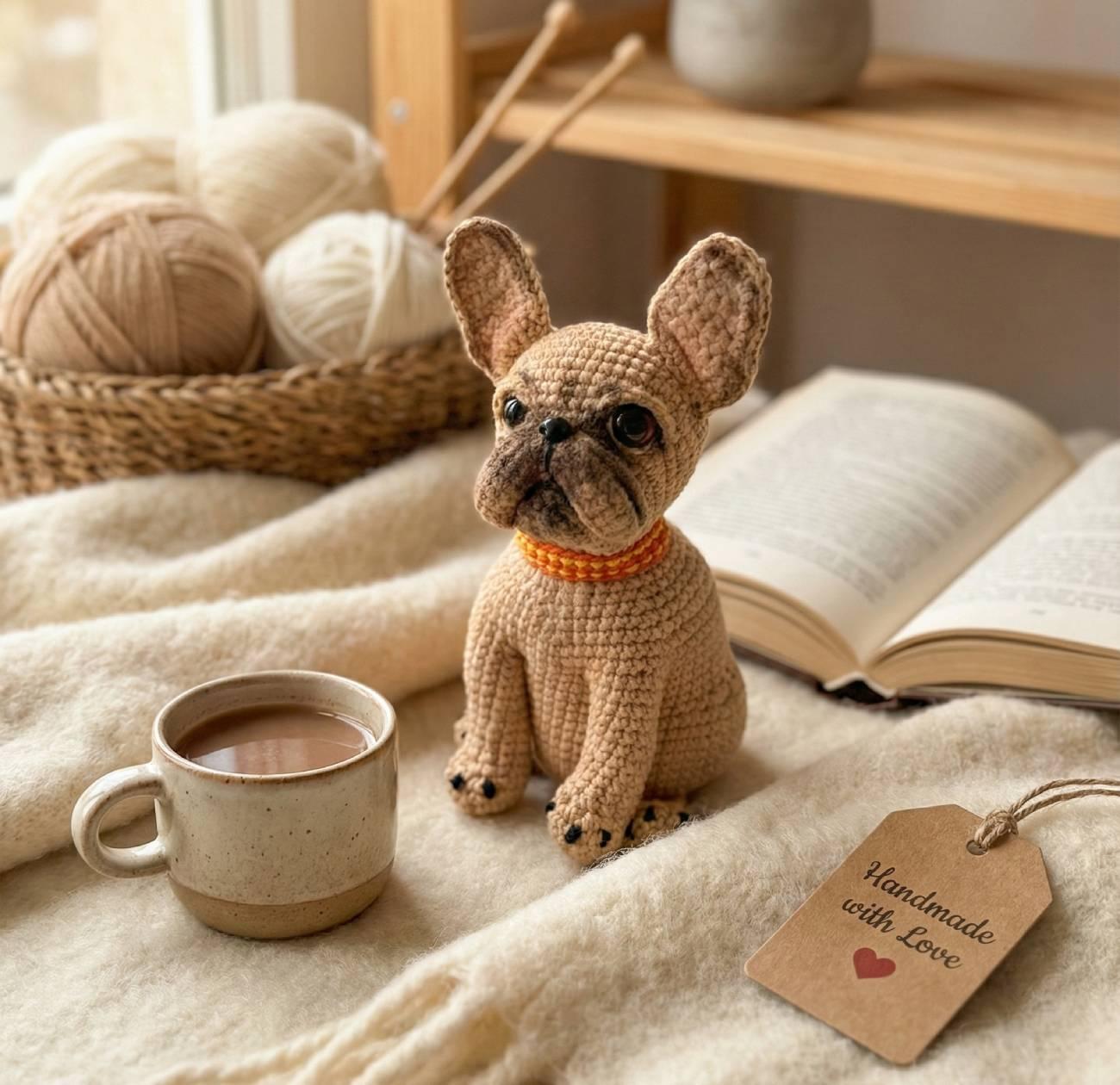 Авторська іграшка в’язаний пес французький бульдог бежевий Авторська іграшка в’язаний пес французький бульдог бежевий