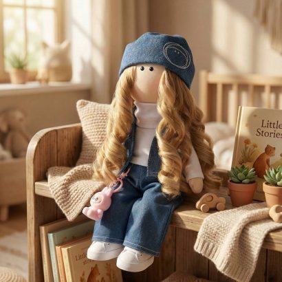 Лялька ігрова тільда кучерява з іграшкою Labubu (Лабубу)