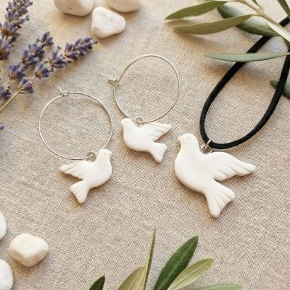 Комплект сережки та кулон горлиці пташки зі глини