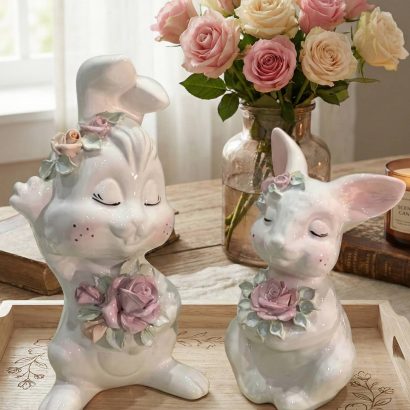 Сувенірний набір білих порцелянових зайців пара, 2 шт
