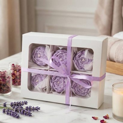 Набір маленьких свічок фіолетові квіти піони з соєвого воску, 6 шт