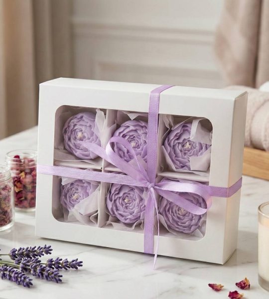 Набір маленьких свічок фіолетові квіти піони з соєвого воску, 6 шт