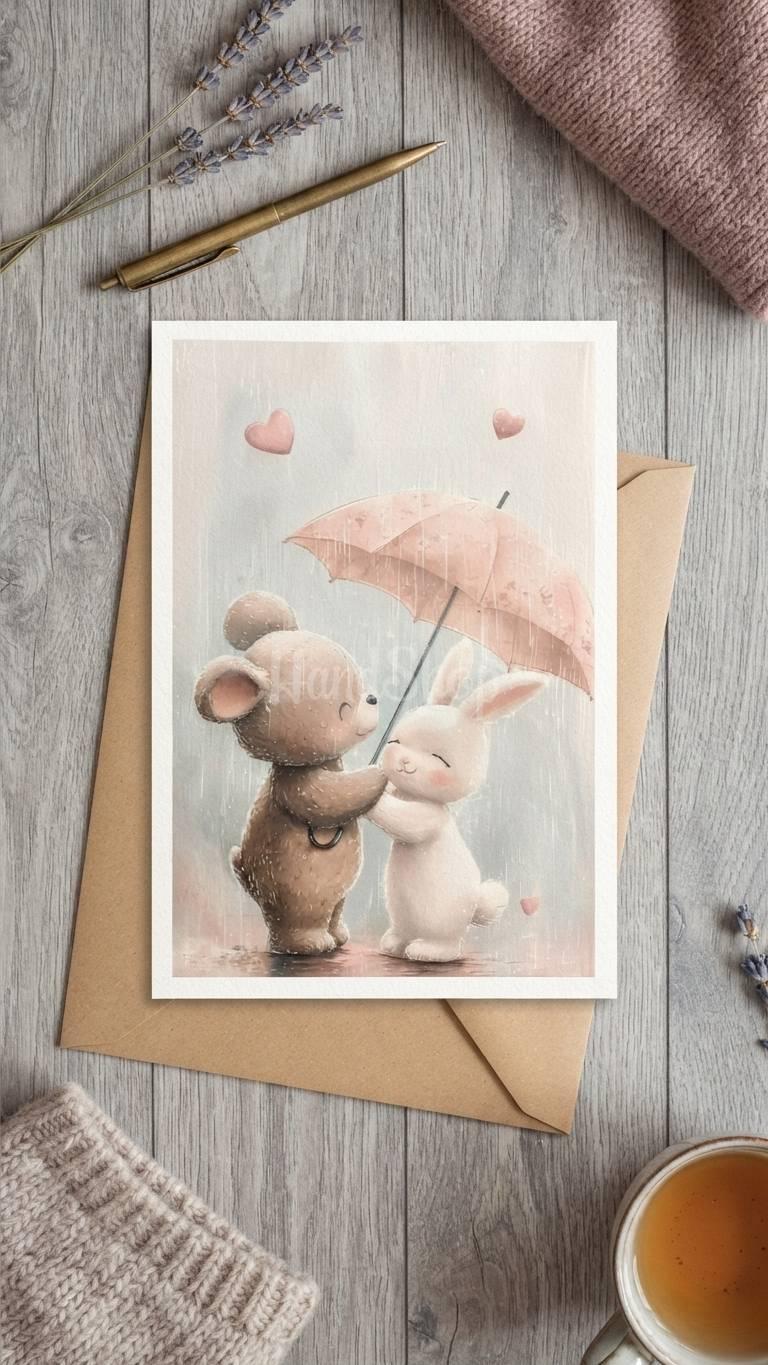Романтична вітальна листівка валентинка зайка та ведмедик Love — фото 2