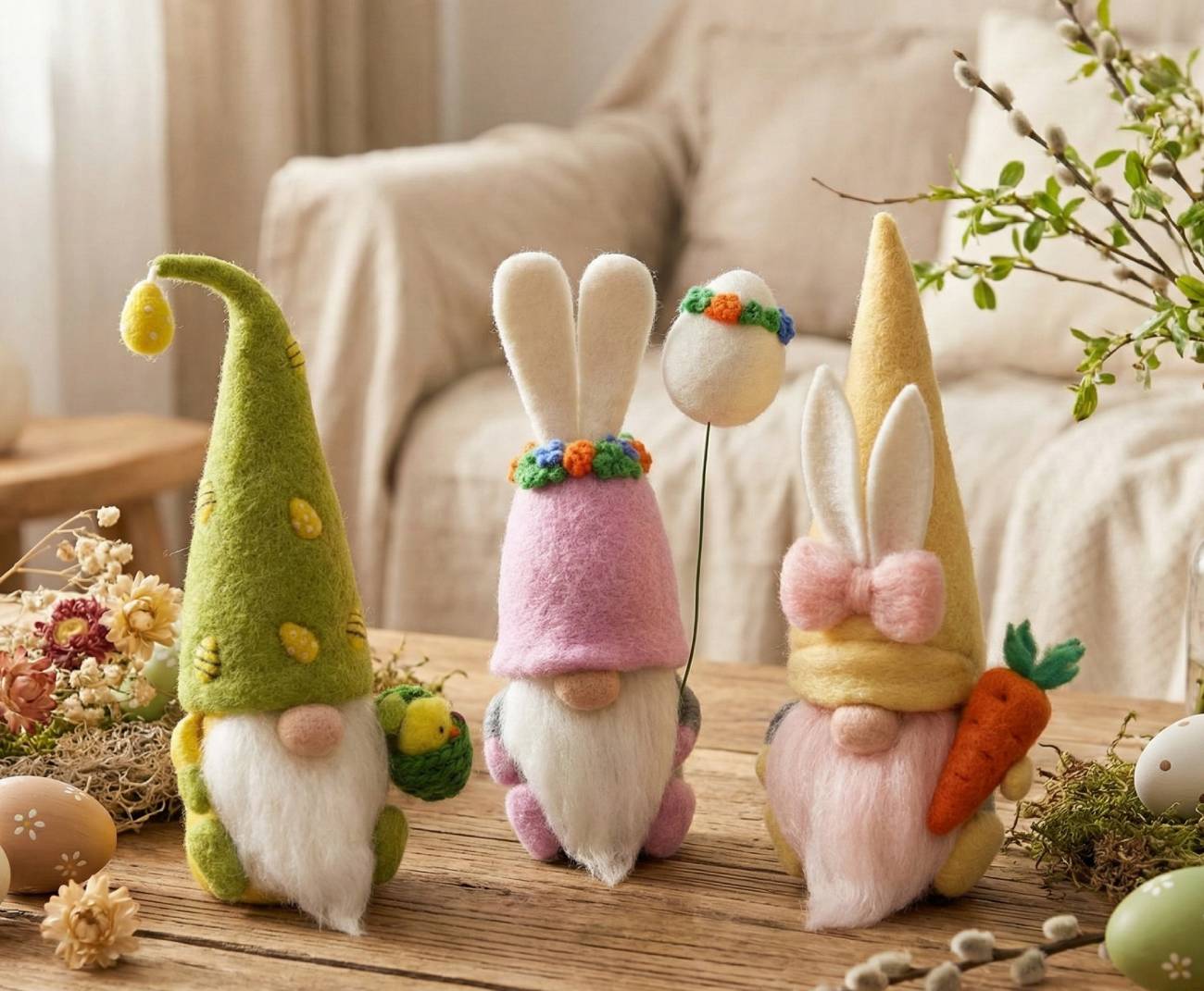 Казковий весняний гномик ручного валяння з натуральної вовни - унікальний великодній декор для дому
