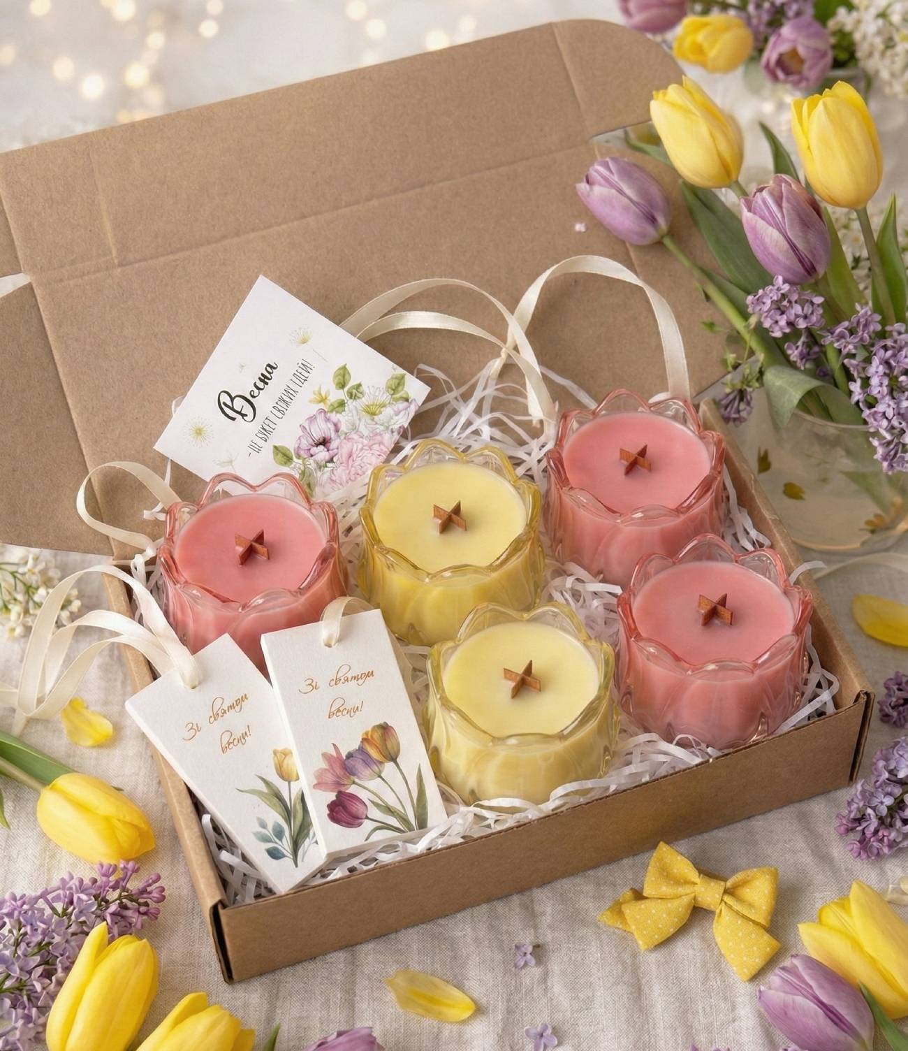 Подих весни: авторський набір зі свічкою-тюльпаном у скляній формі та ароматичними саше