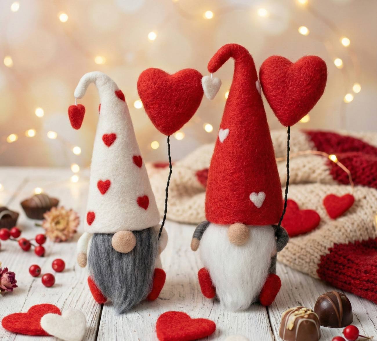 Романтичний гном з натуральної вовни з червоним сердечком - авторський подарунок для коханої людини