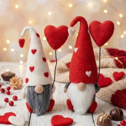Сувенірний валяний гном із шерсті валентин з сердечком