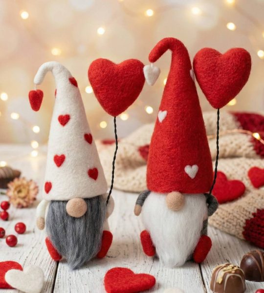 Сувенірний валяний гном із шерсті валентин з сердечком