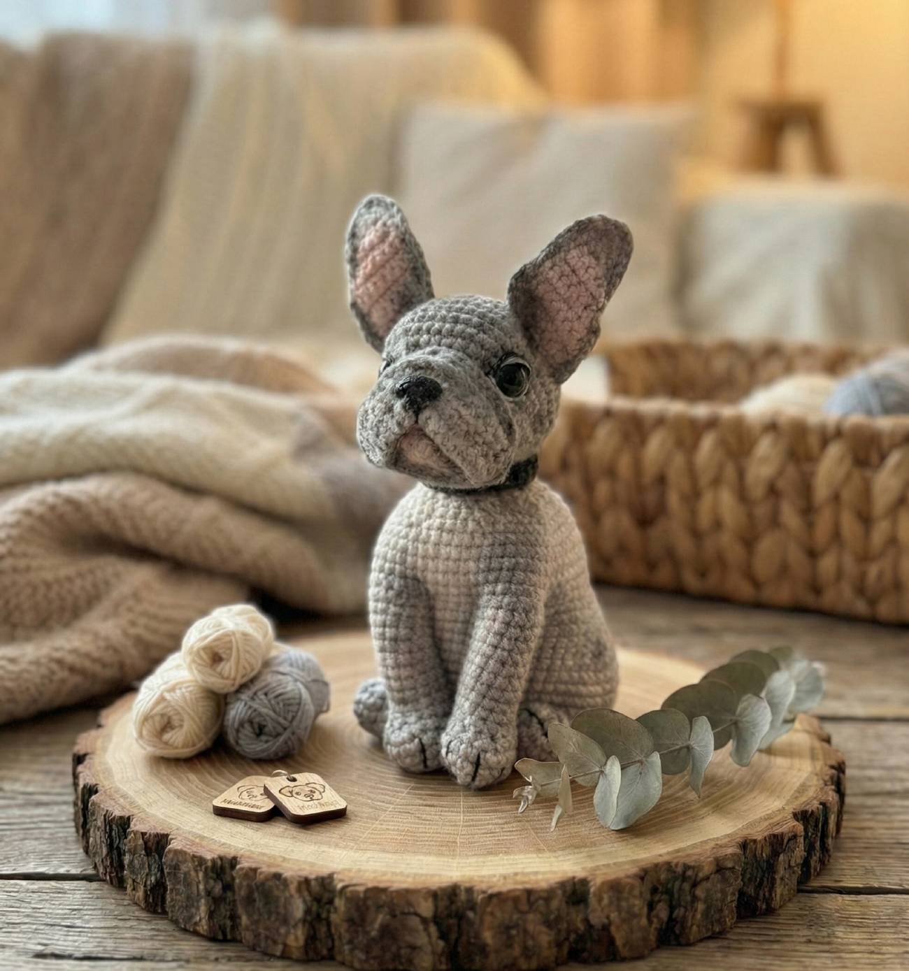 Подарунок, який говорить без слів: авторська в'язана іграшка сірий французький бульдог до Дня закоханих