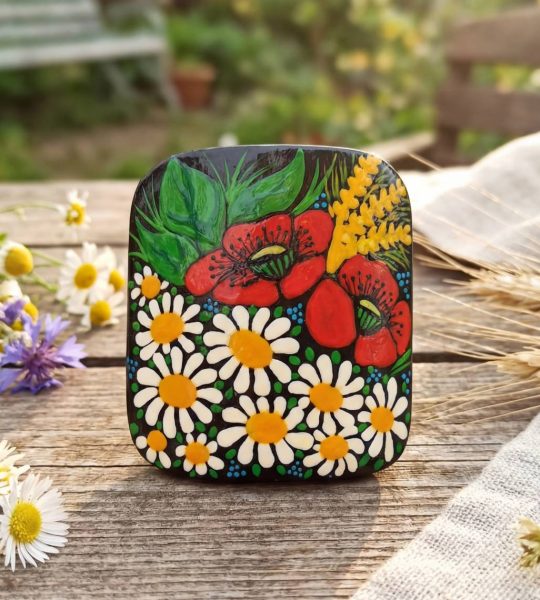 Дерев’яна резинка для волосся ручний розпис польові квіти