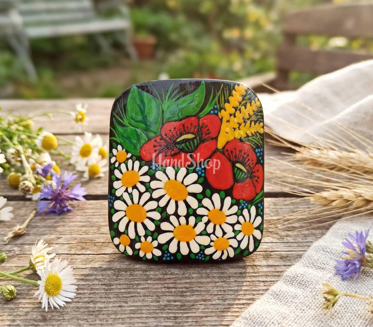 Дерев’яна резинка для волосся ручний розпис польові квіти Дерев’яна резинка для волосся ручний розпис польові квіти