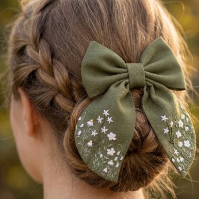 Дитячий бантик для волосся з ручною вишивкою ромашки
