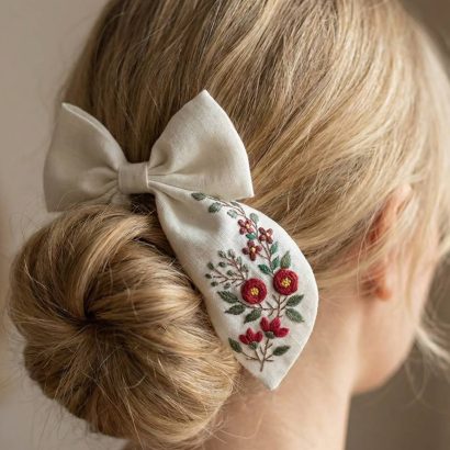 Дитячий бант для волосся вишивка квіти бордо, льон