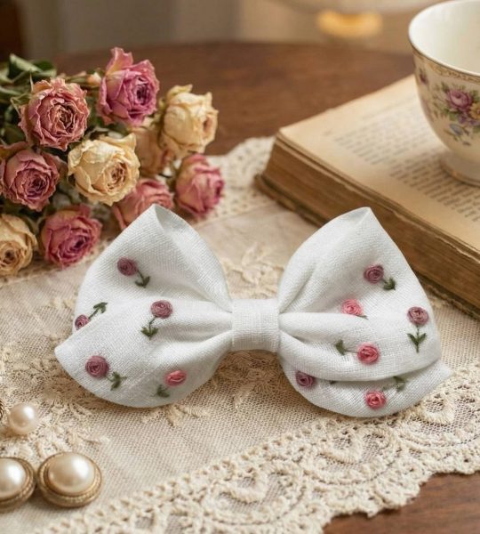 Дитячий білий бантик для волосся ручна вишивка квіточки