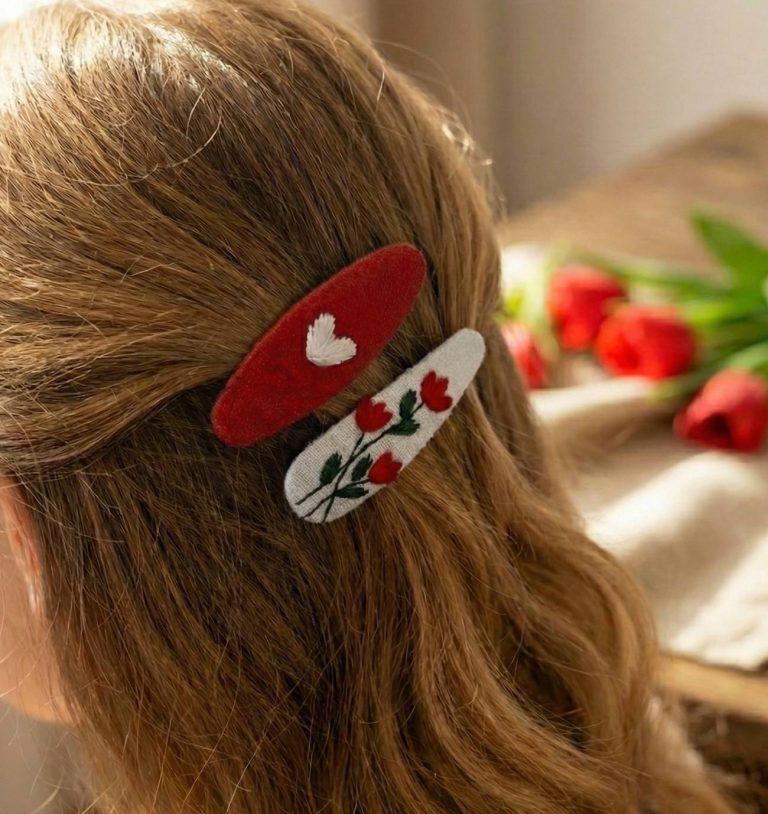 Дитячі заколки для волосся сердечко та квіти вишивка, 2 шт — фото 2