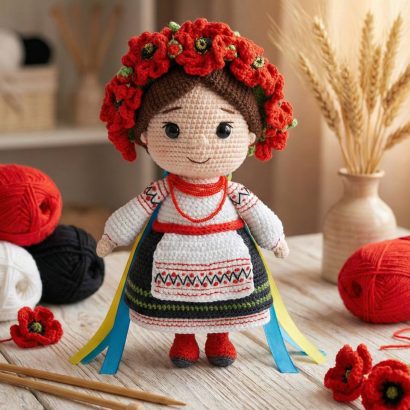 Сувенірна в’язана лялька україночка віночок квіти маки
