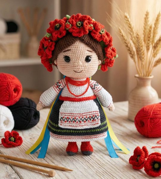 Сувенірна в’язана лялька україночка віночок квіти маки