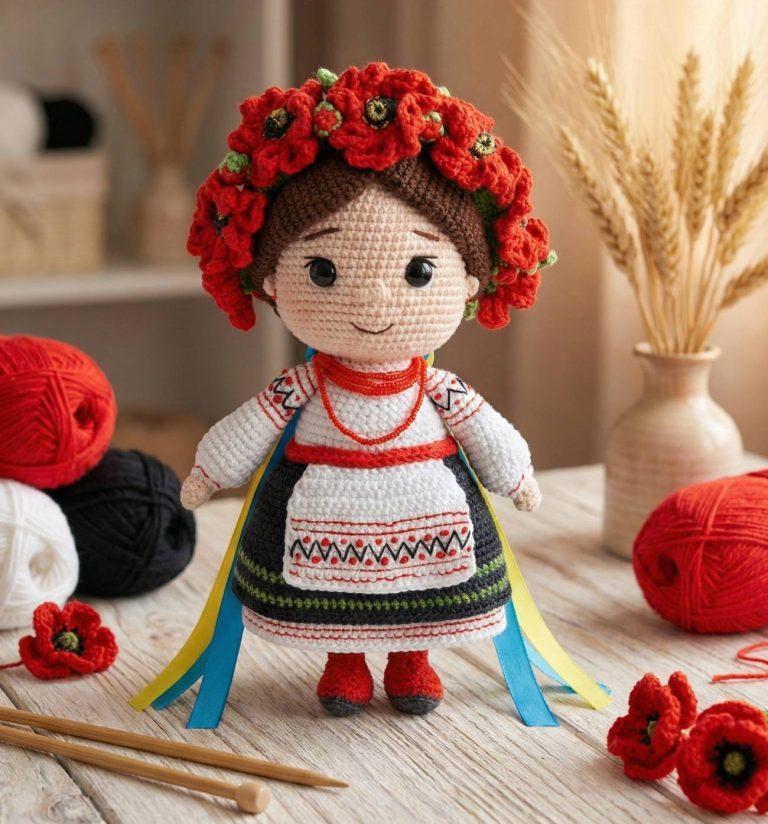 Сувенирная вязаная кукла украинка с веночком маки — фото 2