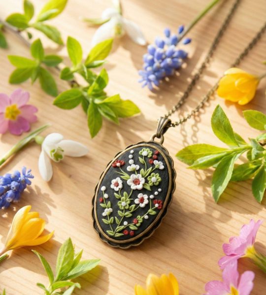 Жіночий кулон овал квіти філігрань полімерна глина