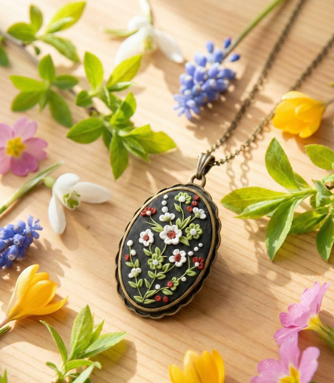 Жіночий кулон овал квіти філігрань полімерна глина Жіночий кулон овал квіти філігрань полімерна глина