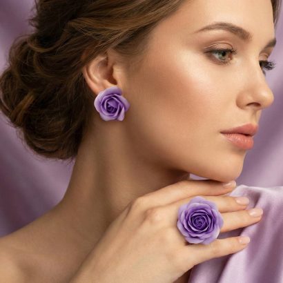 Набір прикрас сережки та колечко лілові троянди глина