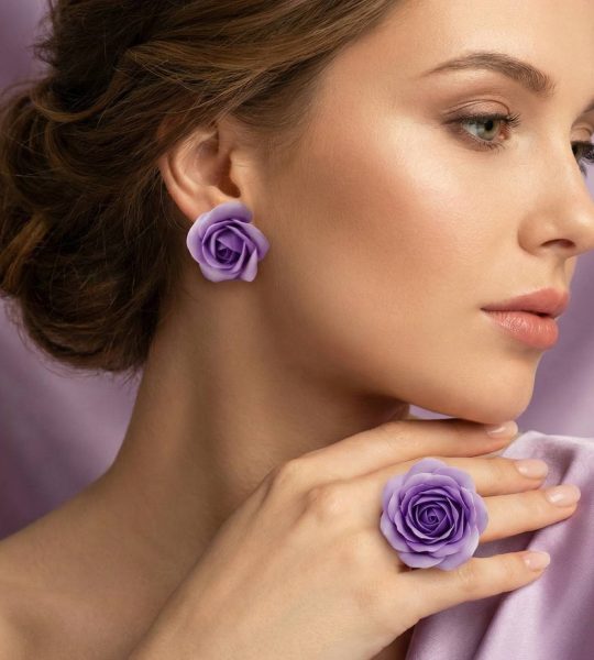 Набір прикрас сережки та колечко лілові троянди глина