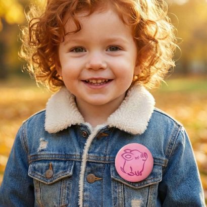 Дерев’яна кругла рожева дитяча брошка свинка розпис