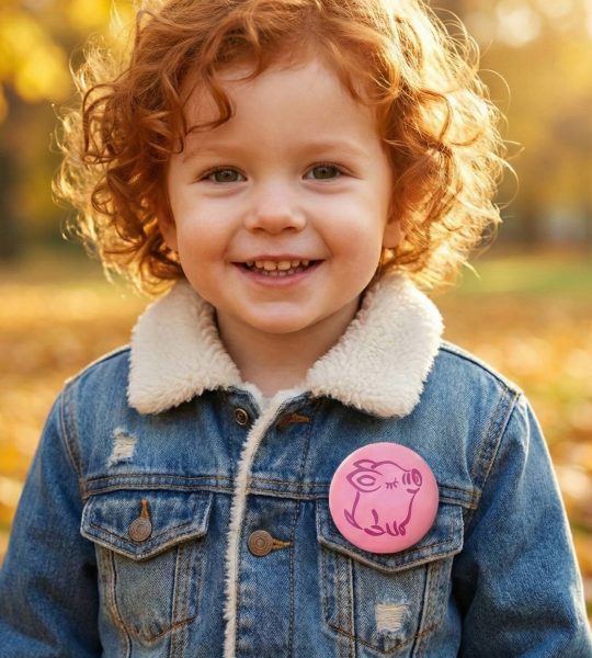 Дерев’яна кругла рожева дитяча брошка свинка розпис