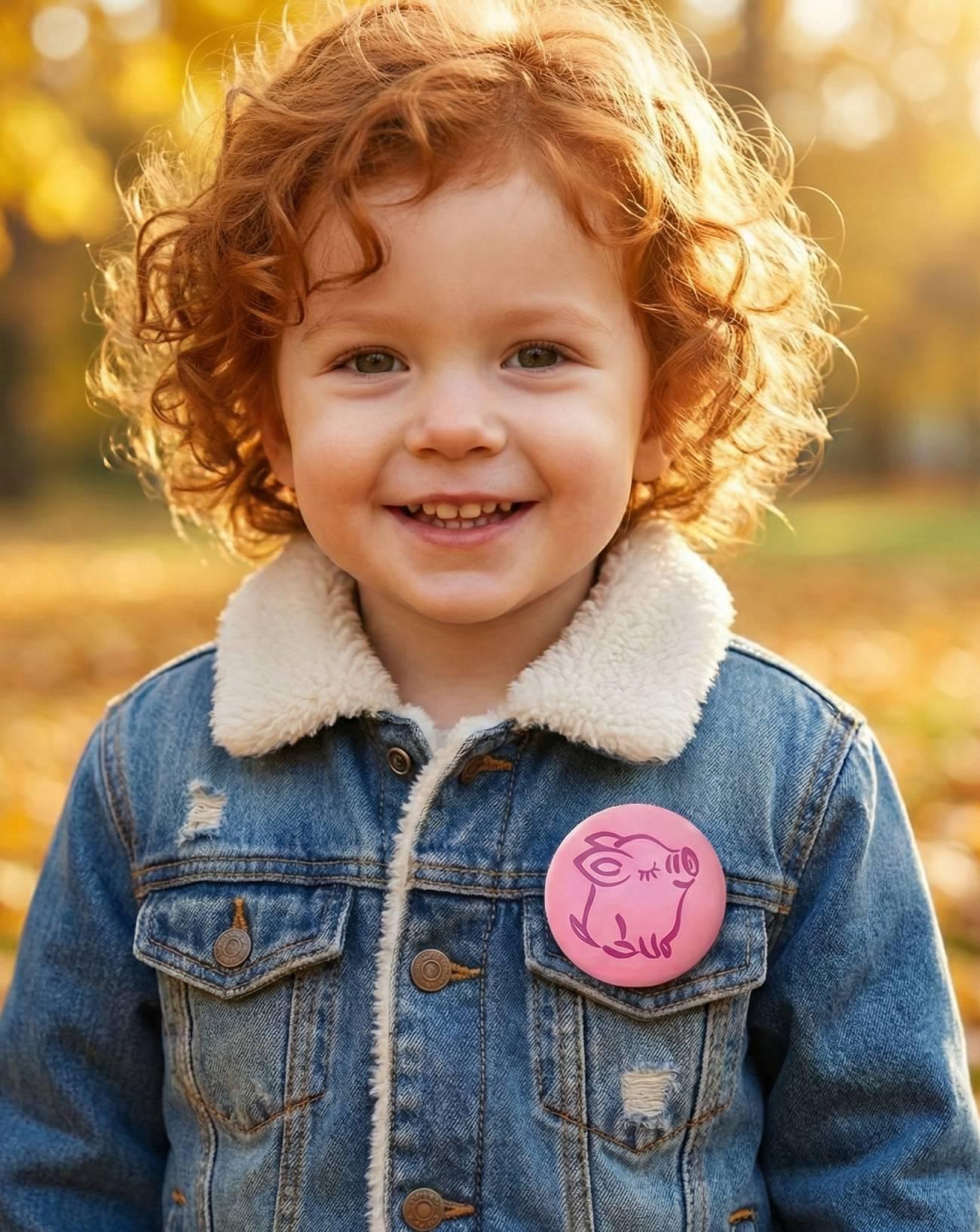 Дерев’яна кругла рожева дитяча брошка свинка розпис Дерев’яна кругла рожева дитяча брошка свинка розпис