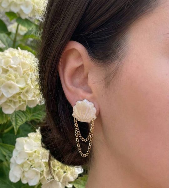 Авторські жіночі літні морські сережки мушля з ланцюжком