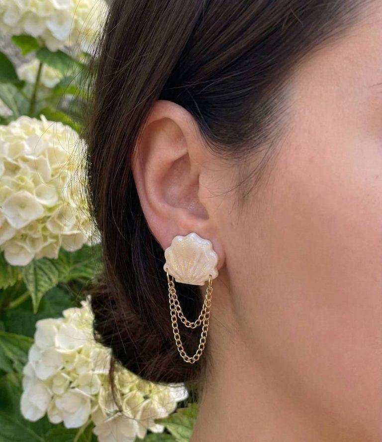 Авторські жіночі літні морські сережки мушля з ланцюжком — фото 2