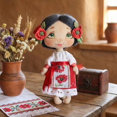 Маленька лялька текстильна інтер'єрна україночка з маками