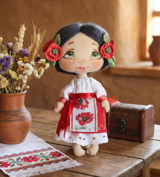 Маленька лялька текстильна інтер'єрна україночка з маками