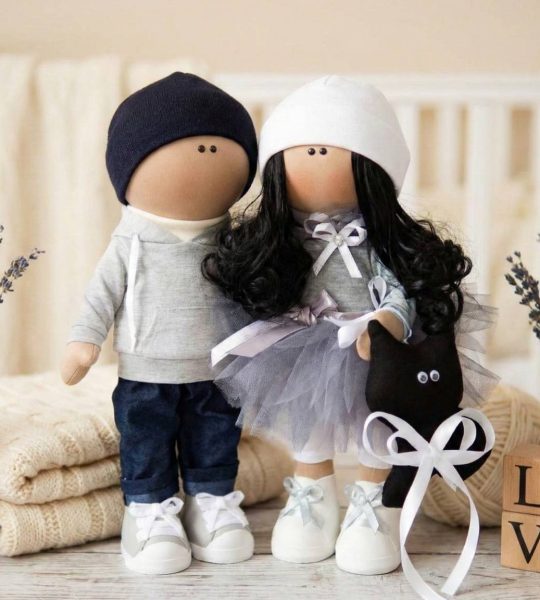 Сувенірна пара ляльок текстильні, інтер'єрні з котиком