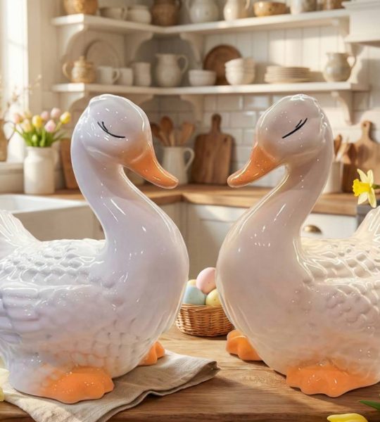 Сувенірна порцелянова пара гусей біла та молочна глазур, 2 шт