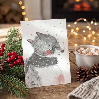 Вітальна святкова зимова листівка вовк валентинка 2026