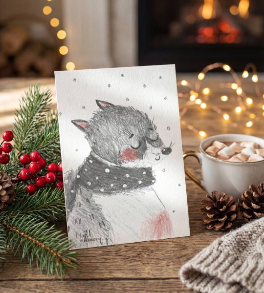 Вітальна святкова зимова листівка вовк валентинка 2026