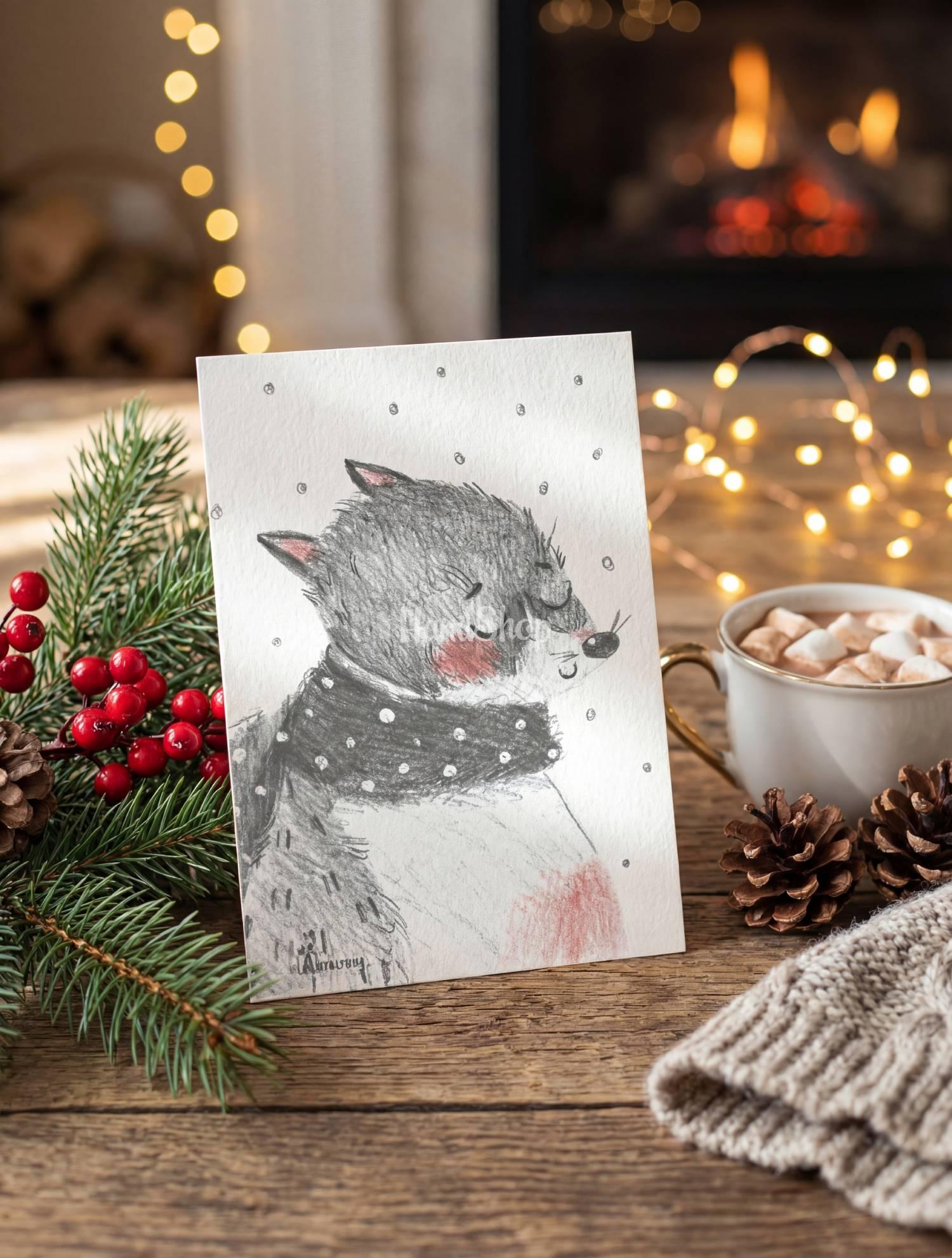 Вітальна святкова зимова листівка вовк валентинка 2026 Вітальна святкова зимова листівка вовк валентинка 2026