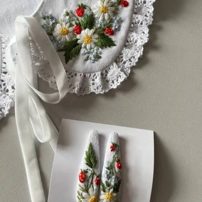 Заколочки для волосся квіти ромашки та суничка, вишивка