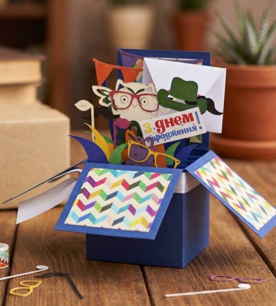 Чоловіча об'ємна листівка коробочка на день народження сова