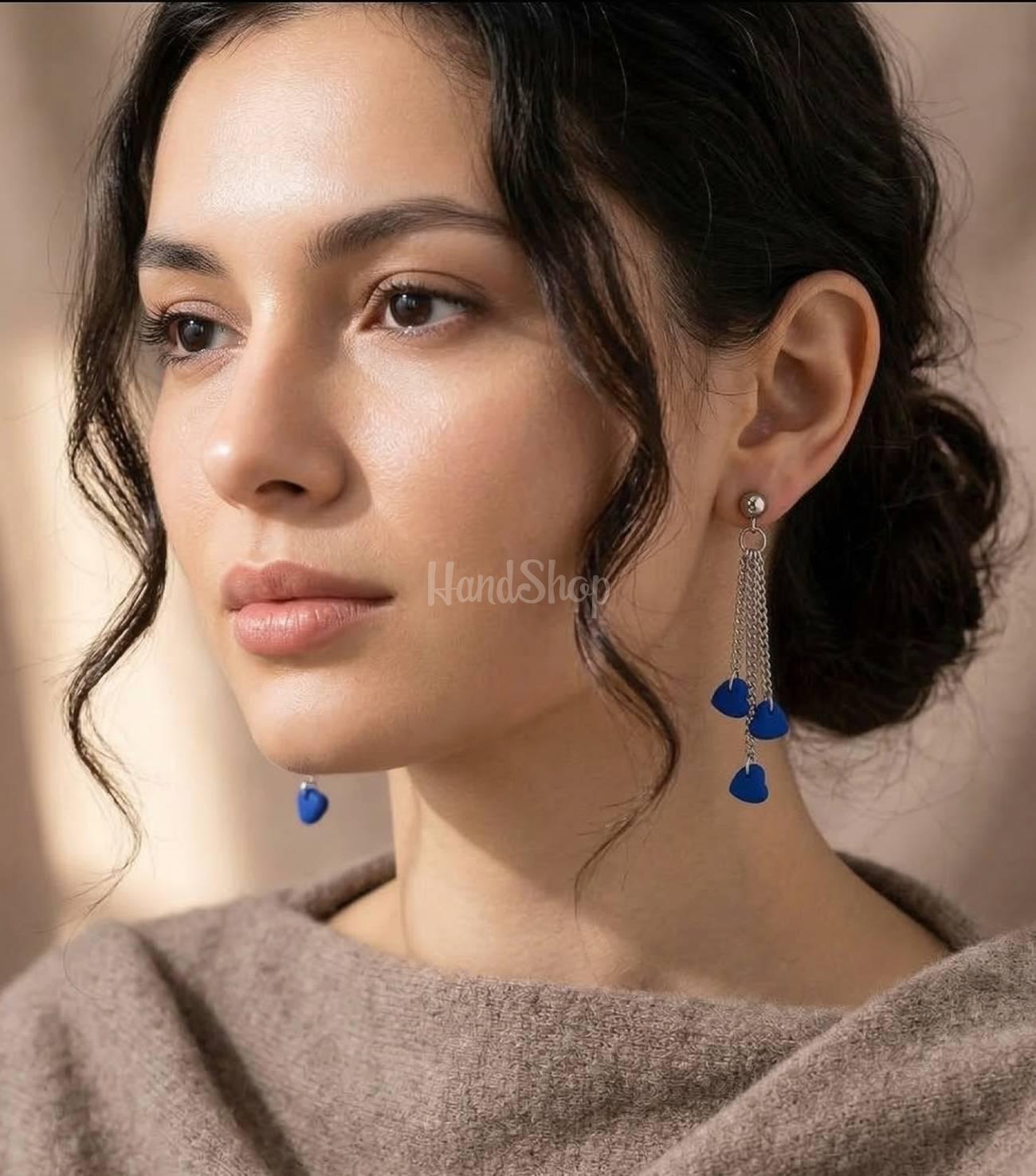 Жіночі довгі сережки сині міні сердечка на ланцюжку глина Жіночі довгі сережки сині міні сердечка на ланцюжку глина